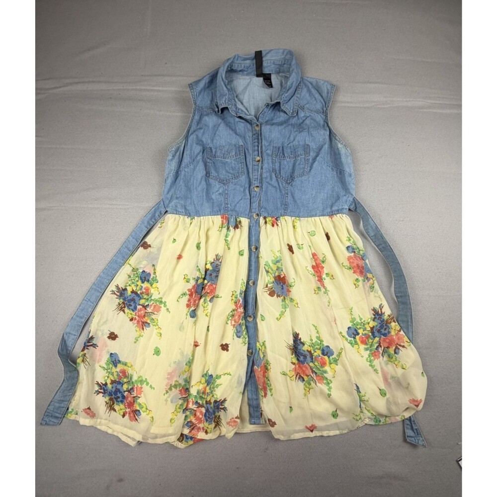 Fun & Flirt Blue Denim Button Front Collared Floral A-Line Sheath Dress L